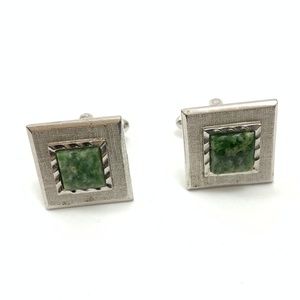 Vintage Men's Cuff Links Square Silver Jade